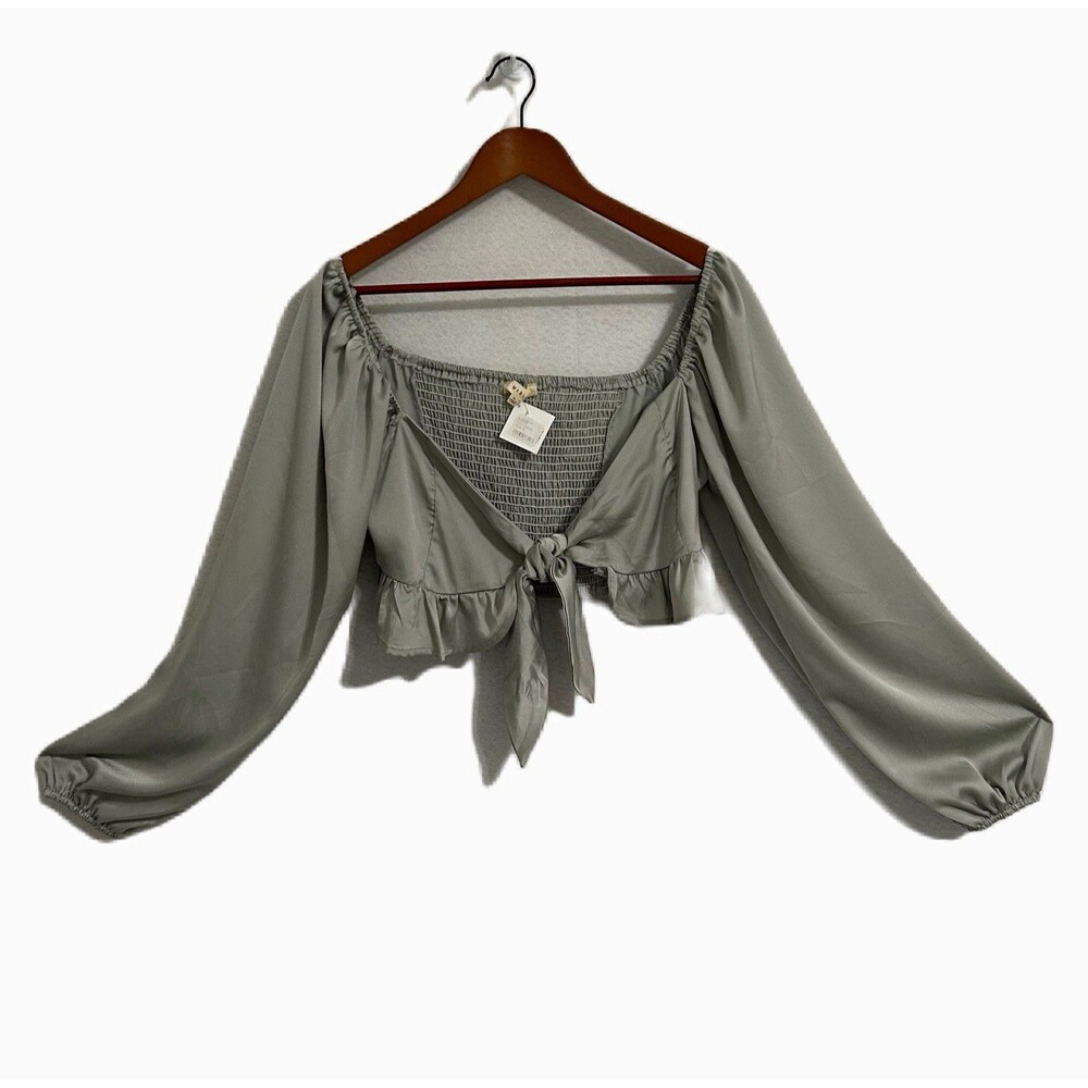 MABLE Blouse Women M Green Satin Puff Sleeve Tie Crop Ruffle Party Peasant NWT